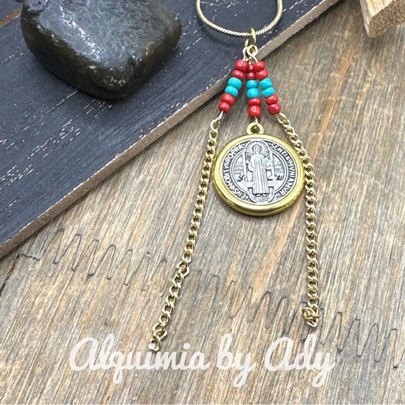 Saint Benedict medal ethnic gemstone necklace - Picture 3 of 3